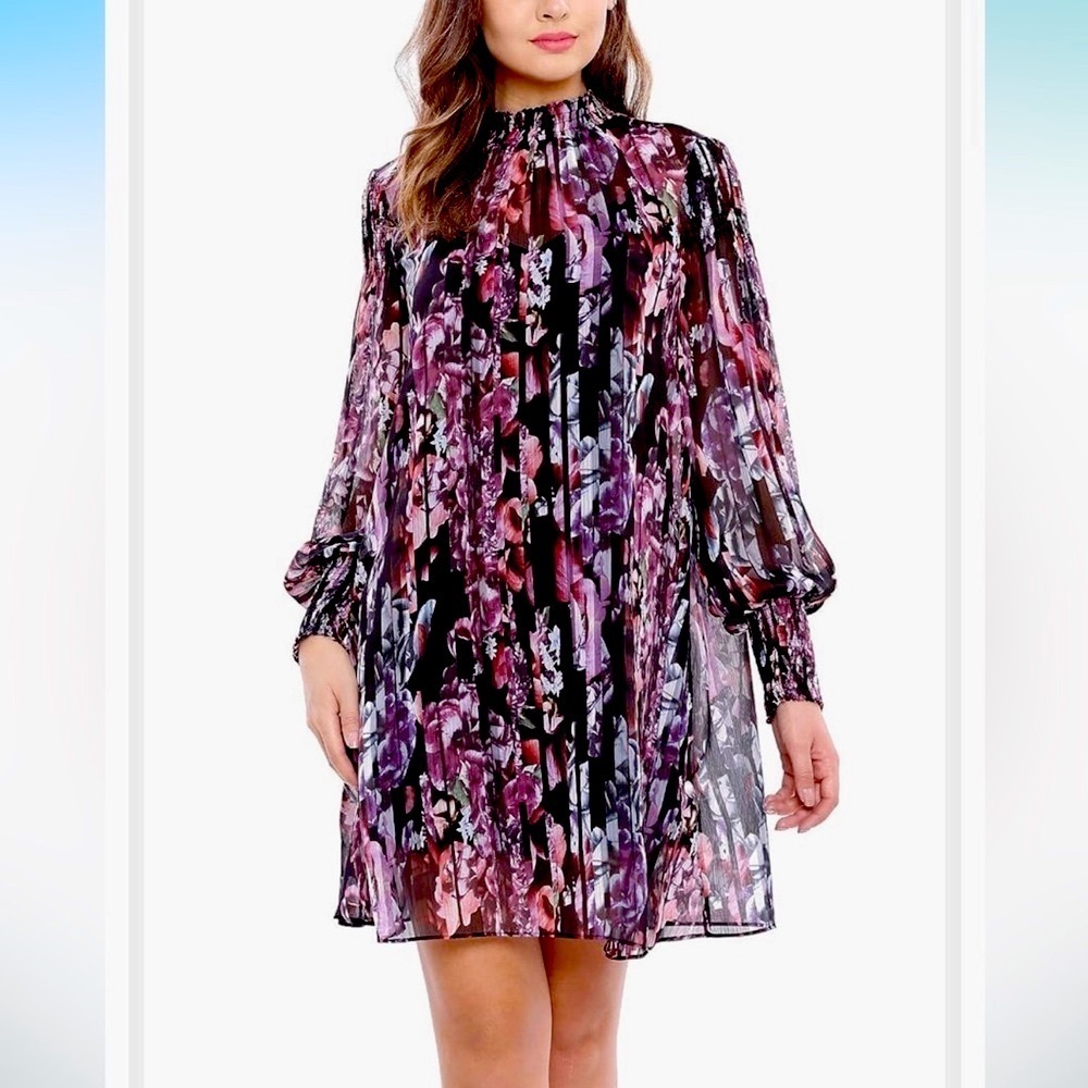 BEBE SHEER OVERLAY BLACK SLIP DRESS FLORAL PRINT BALLOON SLEEVES SIZE SMALL NWT